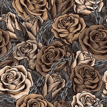 Camouflage Pattern With Lush Blooming Brown Roses, Gray Leaves, Stainless Chains. Dense Composition With Overlapping Elements. Good For Female Apparel, Fabric, Textile, Sport Goods.