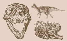 Graphical Vintage Set Of Dinosaurs , Sepia Background,vector  Illustration For Tattoo And Printing