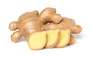 Canvas Print - Close up, Fresh ginger rhizome with slice isolated on white background, cut out