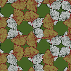 Wall Mural - Seamless pattern engraved leaves Ginkgo Biloba. Vintage background botanical with foliage in hand drawn style.