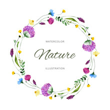 Watercolor Wildflower Wreath. Floral Frame With Place For Text.