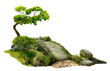 A Japanese landscape with a stone garden bridge, green bushes, trees and stones hand drawn in watercolor on a white background. Watercolor illustration. Japanese garden view.