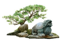 A Japanese Landscape With A Stone Turtle Sculpture, Tree And Stones Hand Drawn In Watercolor On A White Background. Watercolor Illustration. Japanese Garden View.