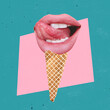 Contemporary art collage. Plump female lips, beautiful mouth with tongue sticking out on ice cream cone isolated over green pink background