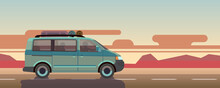 Car Drive On Sunset Background. Cartoon Auto Travel
