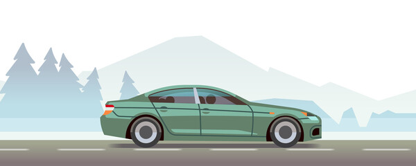 Poster - Mountain landscape with car riding. Fast travel concept