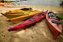Colorful Kayaks. Colorful Fiberglass Kayaks On A Sandy Beach. Colorful Kayaks On The Beach. Colorful Boats, Kayaks On The Beach.