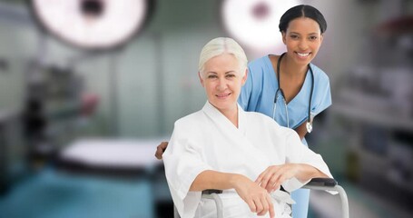 Poster - Animation of happy senior caucasian female patient with biracial female doctor over hospital