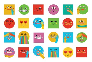 Poster - Collection of crazy Abstract comic characters elements and geometric faces. Bright colors Cartoon style. Vector Illustration