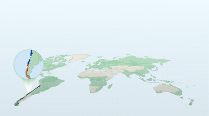 Wall Mural - World map in perspective showing the location of the country Chile with detailed map with flag of Chile.