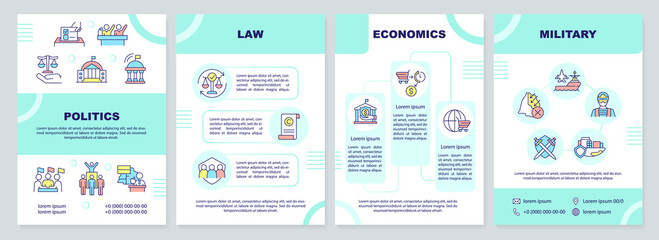 Social institutions and organizations brochure template. Leaflet design with linear icons. 4 vector layouts for presentation, annual reports. Arial-Black, Myriad Pro-Regular fonts used