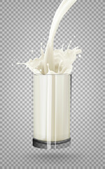 Wall Mural - glass of milk jet, milky splash, vector realistic liquid white splash on isolated background. 3d illustration.