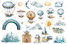 Watercolor Collection With Air Balloons,clouds,rainbow, Flower In Pastel Colours.Handpainted Air Ballons Beautifully Decorated On White Background,pastel Clouds And Multicolored Flags.Watercolor Set