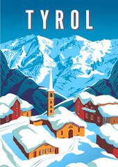 Wall Mural - Winter Tyrol landscape with a village under the snow in the foreground and mountains in the background. Handmade drawing vector illustration. Retro style poster.