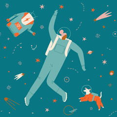 Wall Mural - space adventure pattern with boy, girl, dog and robot astronaut explore cosmos seamless pattern. kid
