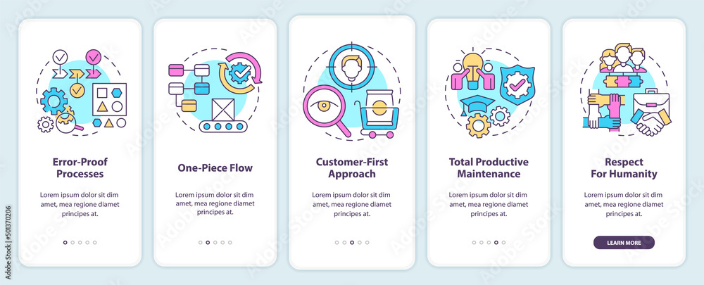 Lean Onboarding Stock-Vektorgrafik „Lean manufacturing principles onboarding mobile app ...