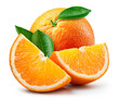 Orange slice isolated. Orange with slice and leaves on white background. Orang fruit with clipping path. Full depth of field.