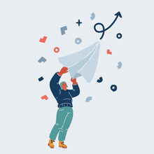 Vector Illustration Of Woman Throwing Paper Plane