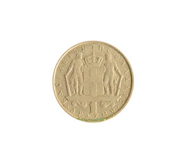 Wall Mural - Reverse of One drachma coin made by Greece in 1967, that shows Numeral value and coat of arms - crowned escutcheon with Greek cross between two mirrored supporters