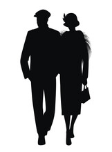 Walking Couple Silhouettes Wearing Retro Style Clothes, Isolated On White Background