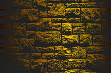 Luxury Black Golden Metal Gradient Background With Distressed Brick Wall Texture.