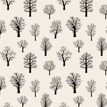 The Pattern Is Seamless With Dark Silhouettes Of Brown Trees Without Leaves With Bare Branches On Beige Background. Vector Illustration. Pattern With Floral Patterns And Plants. For Printing On Fabric