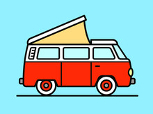 Vector Illustration Of A Vintage  Camper Van With Roof Tent