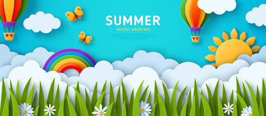 Beautiful fluffy clouds on blue sky background, summer sun, butterfly, hot air balloons and rainbow. Green grass lawn and daisy flowers. Vector illustration. Paper cut style header. Place for text