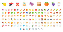 All Food Emoticons In One Big Set. Fast Food, Asian, Sweets, Drinks And Sea Food Vector Collection. Food Emoji Set