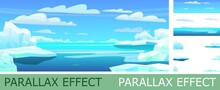 Arctic Landscape With Parallax Effect. Iceberg Ice Antarctica. Beautiful Winter Scenery. Blue Sky Clouds. Ice Freeze Into Ocean. Far View Winter Horizon. Cold Frozen Water. Vector