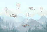 Fototapeta Dziecięca - Illustration of flying planes and balloons with a blue background. Slightly misty forest and high mountains. Kids wallpaper style.