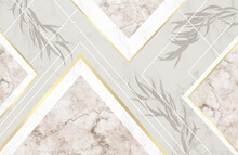 A Minimalist Illustration Composed Of Intertwining Rectangles With Golden Color Borders On A Marble Textured Background And Branches. Gradient, Pattern. Wallpaper Use, Mural, Fresco.