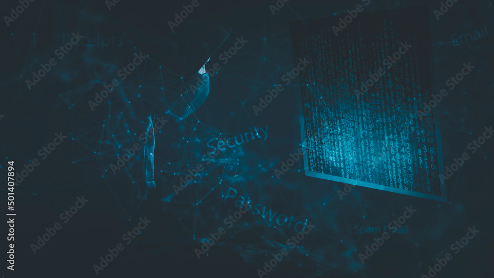 Man Hacker is using a hand typing keyboard and Screen code of a media ...
