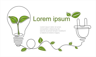 plant inside lightbulb with power plug in one line drawing. concept of eco energy and environmental 