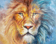 A Color Portrait Of An Adult Lion. Painting Painted With Oil Paints
