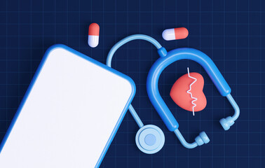 Wall Mural - Telemedicine online. A mobile phone with a white screen with a stethoscope is checked for health status. Online communication of a medical clinic with a patient. 3d rendering