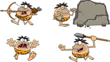 Caveman Cartoon Characters. Vector Hand Drawn Collection Set Isolated On White Background