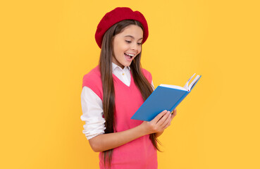 Poster - primary education. happy french teen girl hold notebook. childhood happiness