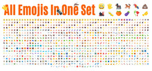 All Emoticons In One Big Set. Emoji Vector Set. Transport, Sport, Nature, People And Food Icon Set