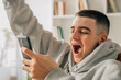 © carballo - young teenager at home excited with mobile phone celebrating
