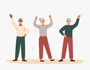 happy elderly people concept. group of adult grandparents with their hands raised. elderly character