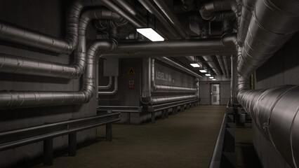 Wall Mural - dark industrial interior corridor with metal piping along the walls. 3d rendering.