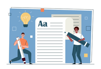 Wall Mural - Copywriter or author of articles concept. Young male journalists or editors write text for social networks, newspapers or magazines. Content managers. Cartoon contemporary flat vector illustration