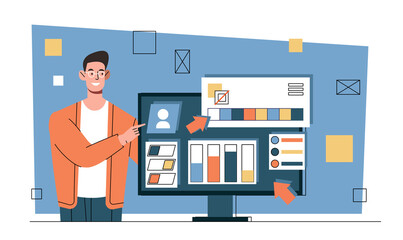 Wall Mural - ux ui designer work at website interface concept. young man develops modern template for website or 