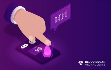 Medical Glucometer concept. Colorful gradient landing page template with hand measuring blood glucose levels. High blood sugar. Diabetes or lack of insulin. Cartoon isometric vector illustration