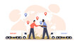 © Rudzhan - Cargo Export and Import concept. Male entrepreneurs stand next to trucks with cargo and shake hands. Global logistics or delivery from different countries of world. Cartoon flat vector illustration