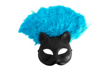 Carnival Accessories: A Black Cat Mask And Folding Fan With Blue Feathers, Isolated.