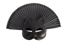 Carnival Accessories: A Black Cat Mask And Black Folding Fan, Isolated.