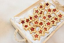 Star shaped linzer cookie strawberry jam