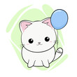 Uroczy biały kot z niebieskim balonem zawiązanym na ogonie. Wektorowa ilustracja urodzinowa.